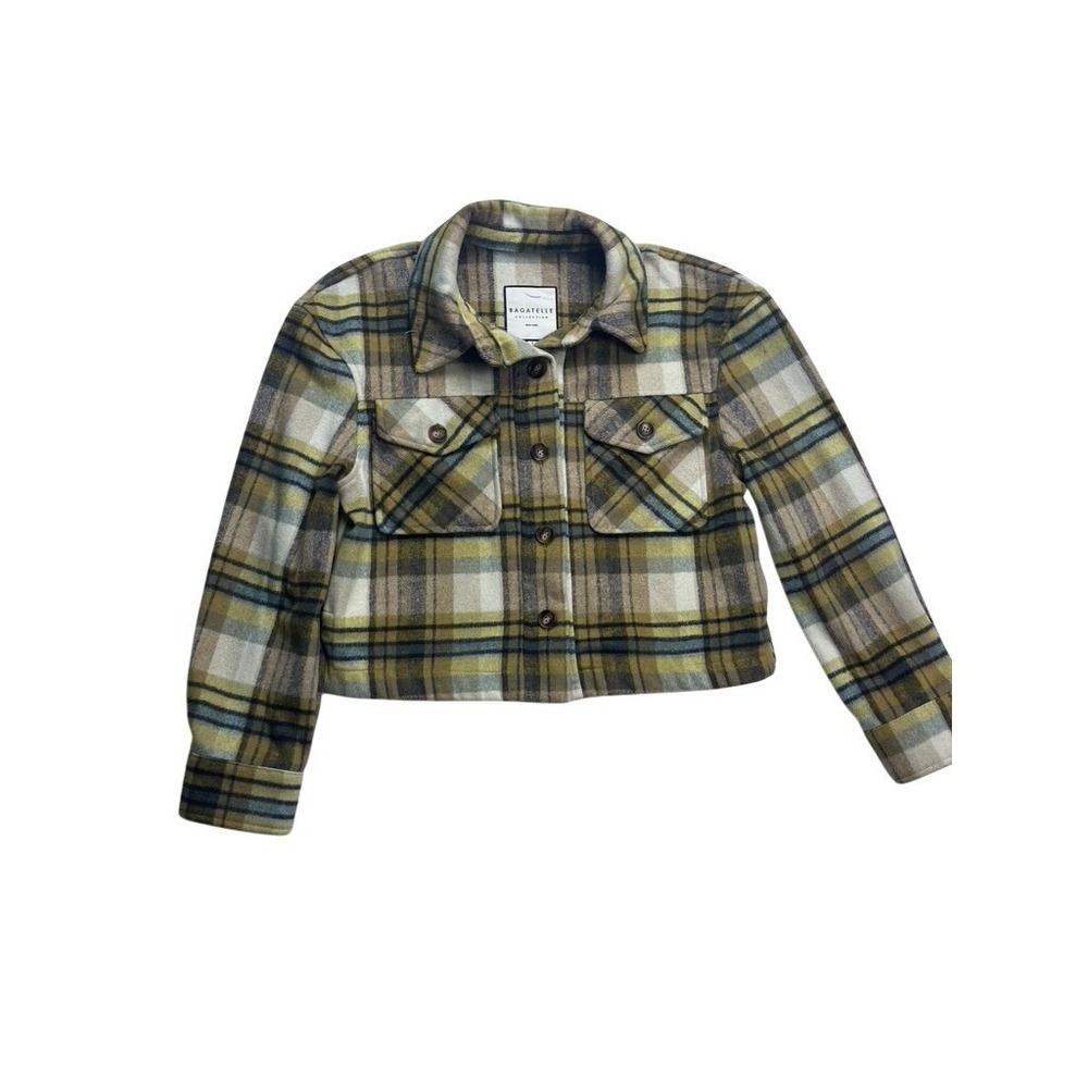 Bagatelle‎ Cropped Shacket Womens Size S Green Plaid Wool Blend Button